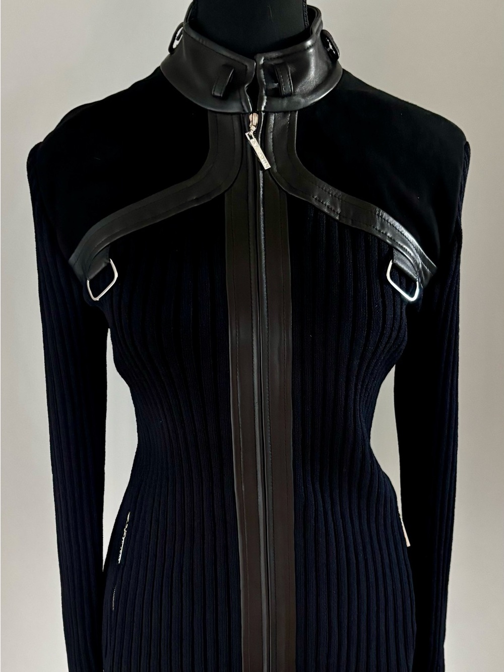 Black Ribbed Zip-Up Sweater with Leather Details